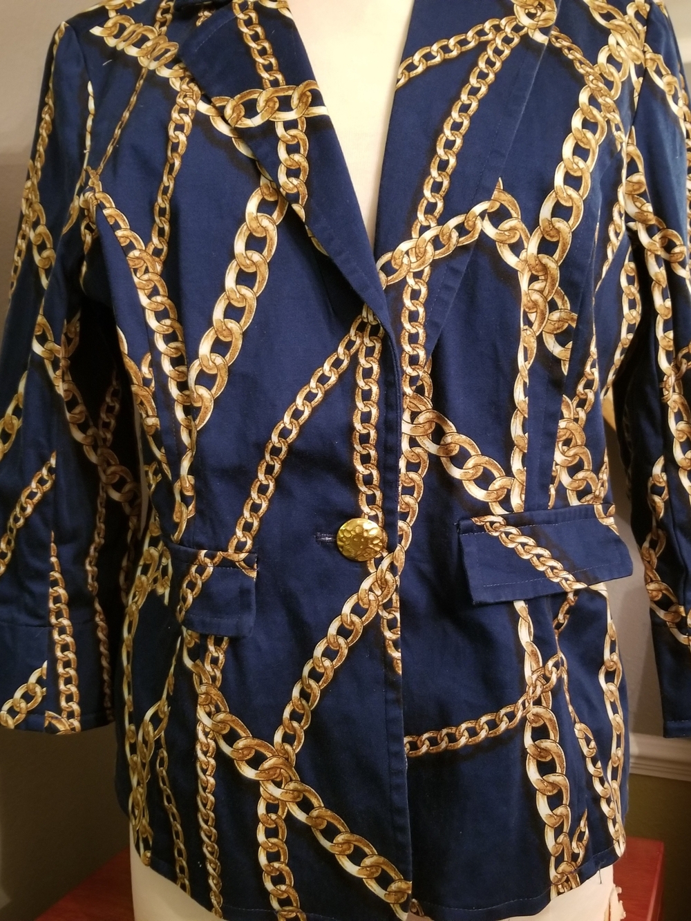 Navy Blazer with Gold Chain Print and Decorative Gold Button